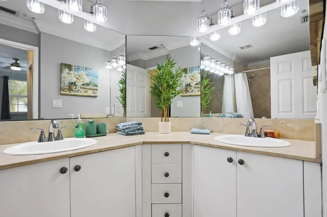 a bathroom with a sink double vanity and a mirror