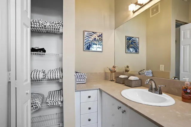 a bathroom with a sink a mirror and a shower