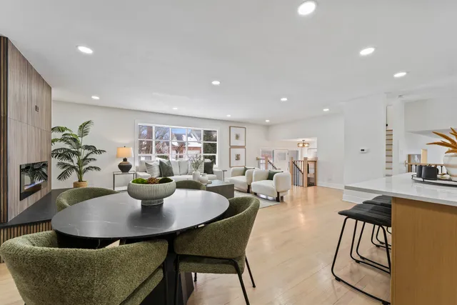 a view of a dining room with furniture