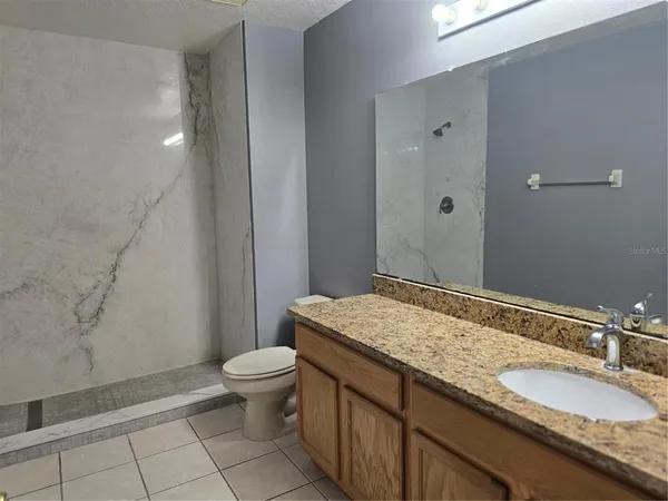 a bathroom with a granite countertop sink a toilet and a mirror