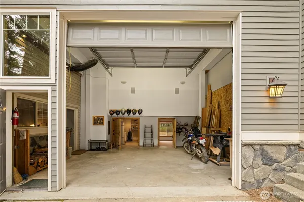 a view of a garage with storage