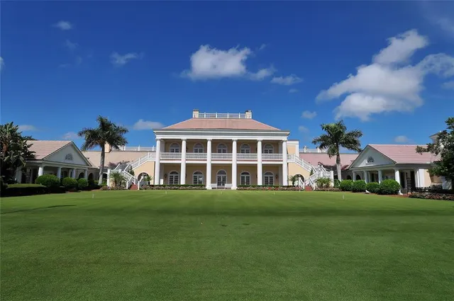 a view of a backyard with large trees
