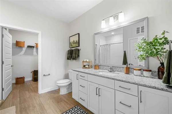 a bathroom with a granite countertop sink and a mirror