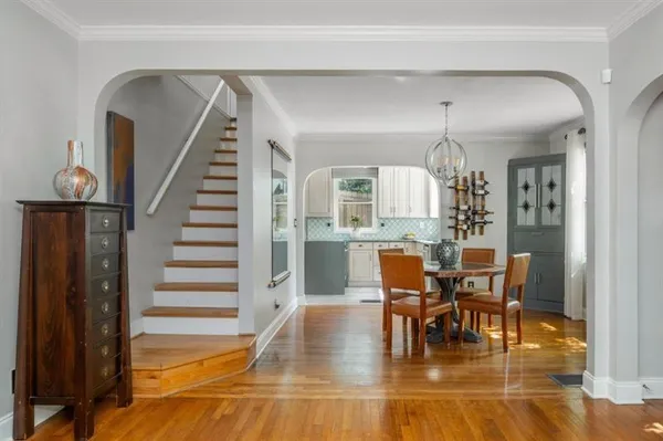 a view of a dining room with furniture
