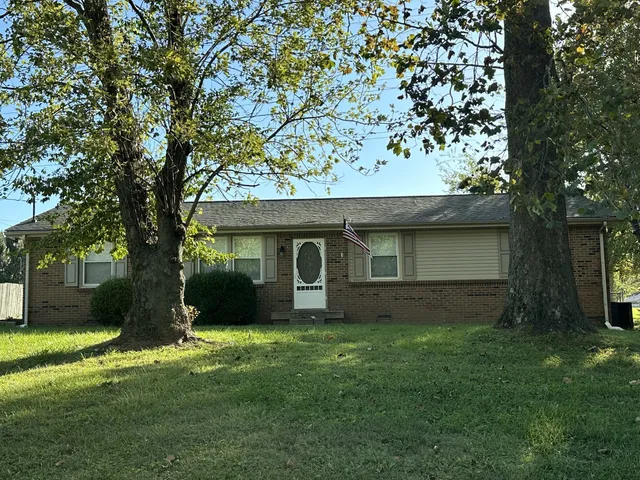 a view of a house with a yard and a large tree