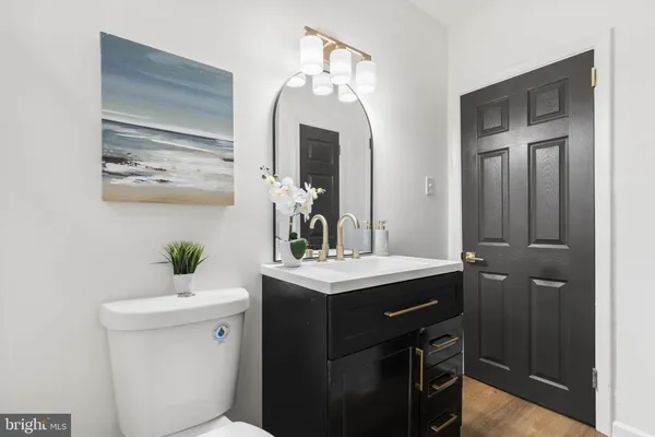 a bathroom with a sink vanity and toilet