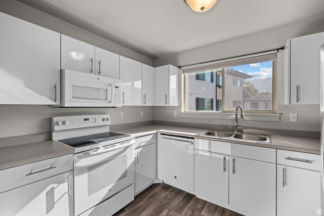 1700 South Sandhill Road West, Unit E 301 Orem, UT 84058 - Photo 7 of 20 Kitchen featuring white cabinetry, light-toned countertops, a dual basin stainless steel sink with a gooseneck faucet, and wood-finish flooring