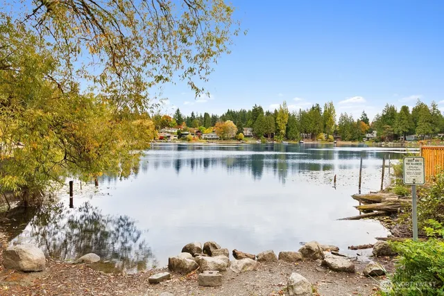 a view of a lake with a mountain in the background