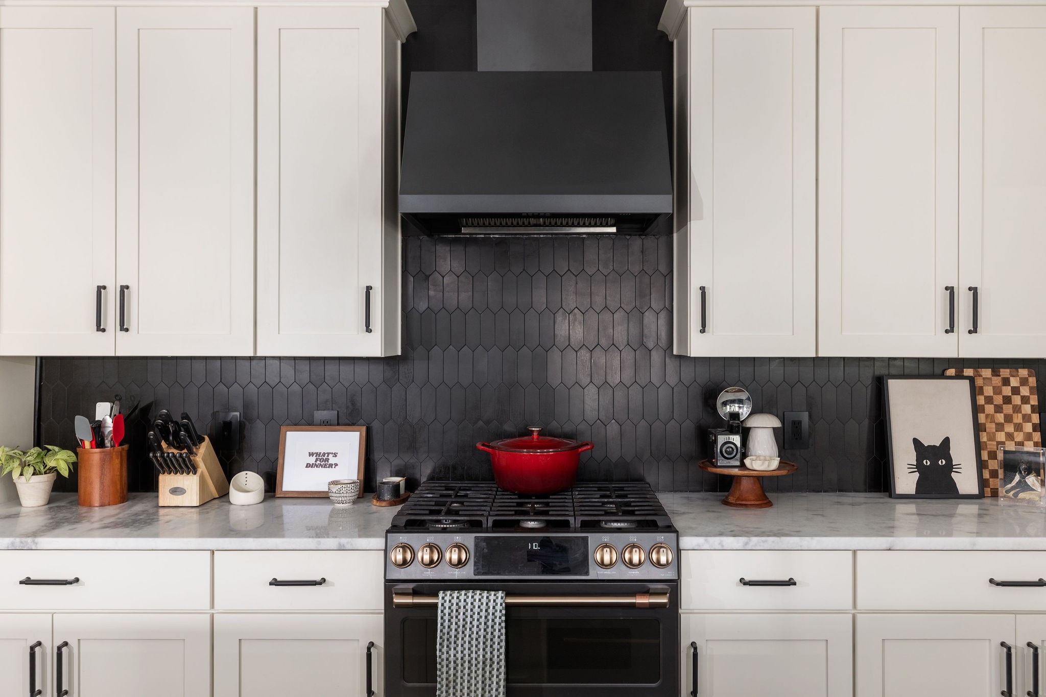 a kitchen with stainless steel appliances granite countertop white cabinets stove top oven and potted plant