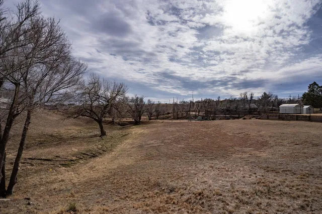 a view of dirt field with trees in the background