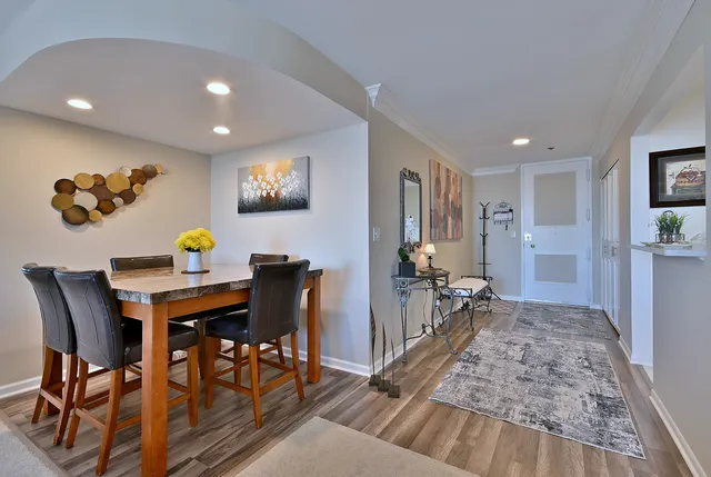 a view of a dining room with furniture