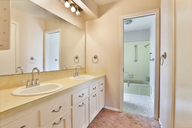 a bathroom with a sink double vanity and a mirror