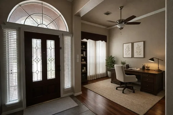 a view of a workspace with furniture and a window