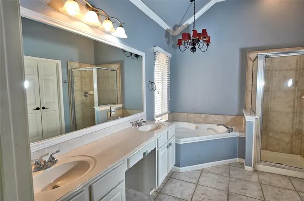 a bathroom with a tub sink mirror and vanity