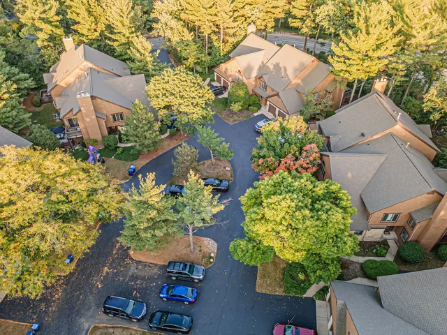 an aerial view of a house with a yard and garden