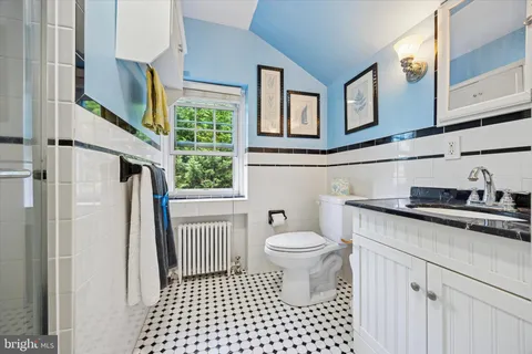 a bathroom with a sink toilet a mirror and shower