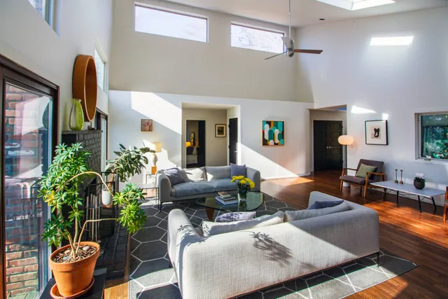 a living room with furniture potted plant and a window
