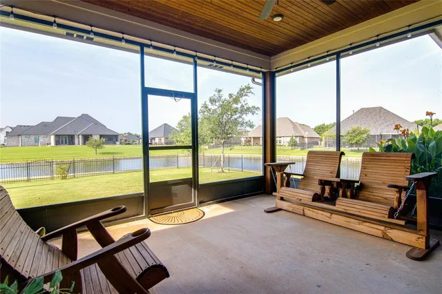 a building outdoor space with seating area