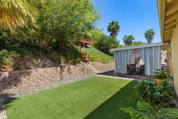 a view of backyard with plants and outdoor seating