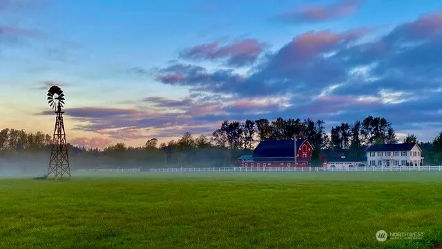 a view of a yard with a table & chairs