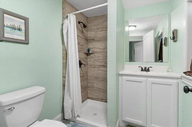 a bathroom with a shower a sink a toilet and a mirror