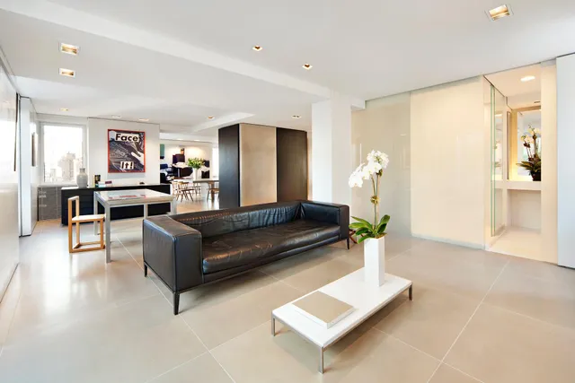 a living room with furniture and a potted plant