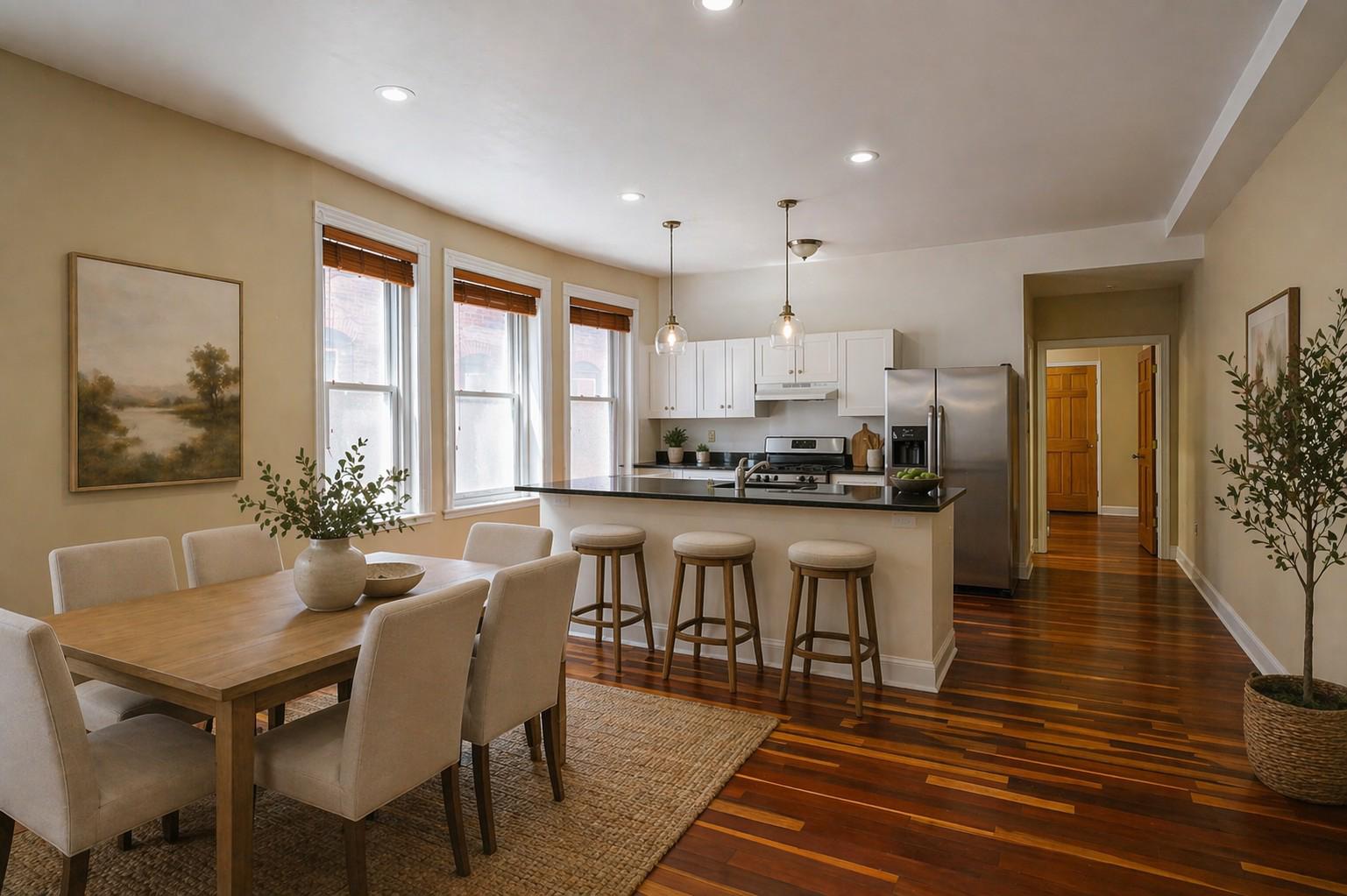 426 South 44th Street, Unit 1 Philadelphia, PA 19104 - Photo 2 of 10 a kitchen with a table chairs refrigerator and cabinets