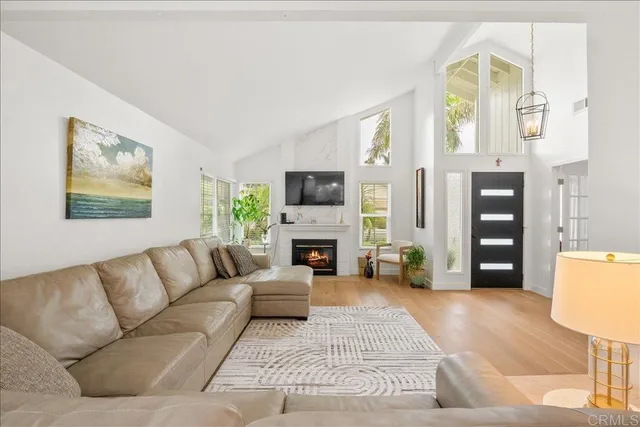 a living room with furniture a fireplace and a flat screen tv
