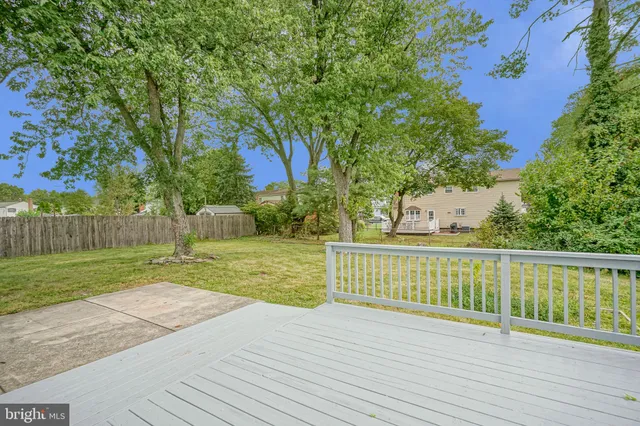 a view of a deck with large trees