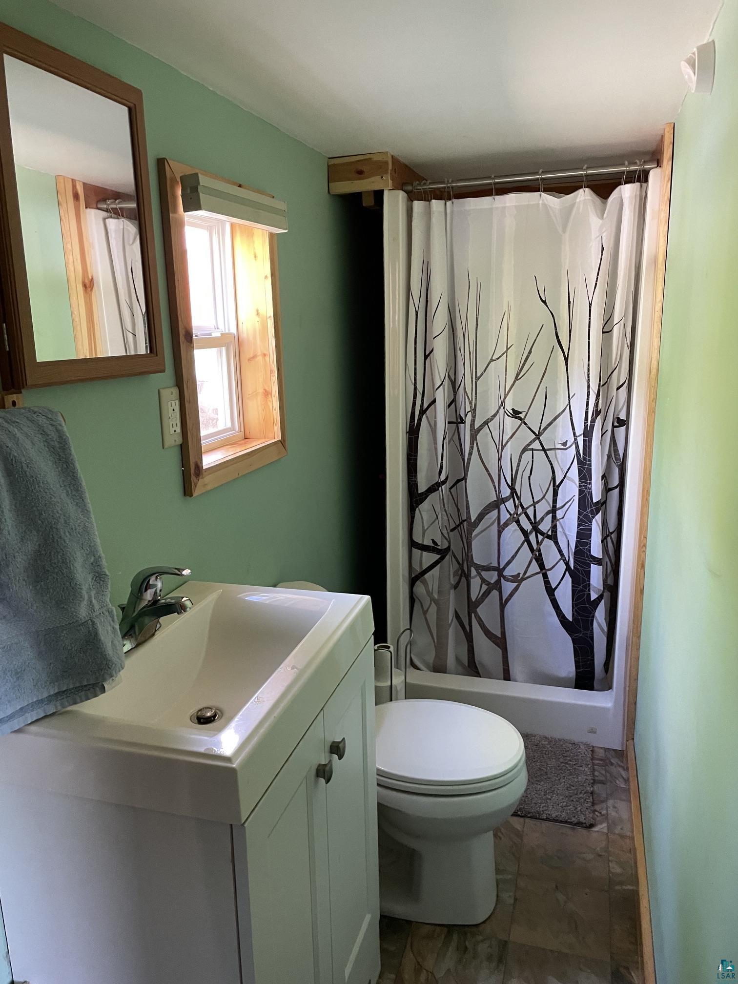 1152 Fernberg Road Ely, MN 55731 - Photo 11 of 24 Bathroom featuring a single-sink vanity with white cabinetry, a toilet, and a shower with a shower curtain