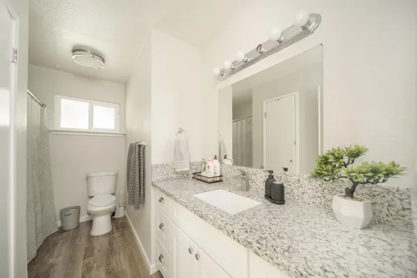 a bathroom with a granite countertop sink a toilet and a mirror