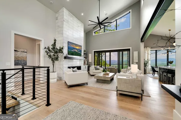 a living room with furniture a fireplace and a potted plant