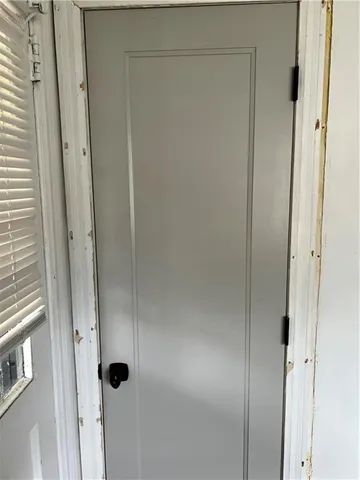 a close view of a stove and a microwave