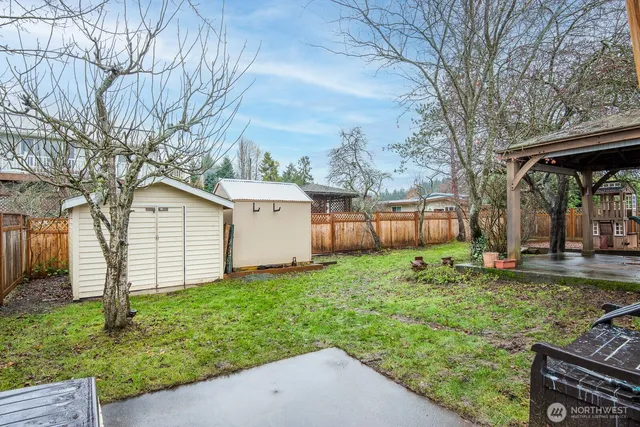 a view of a house with backyard and a tree