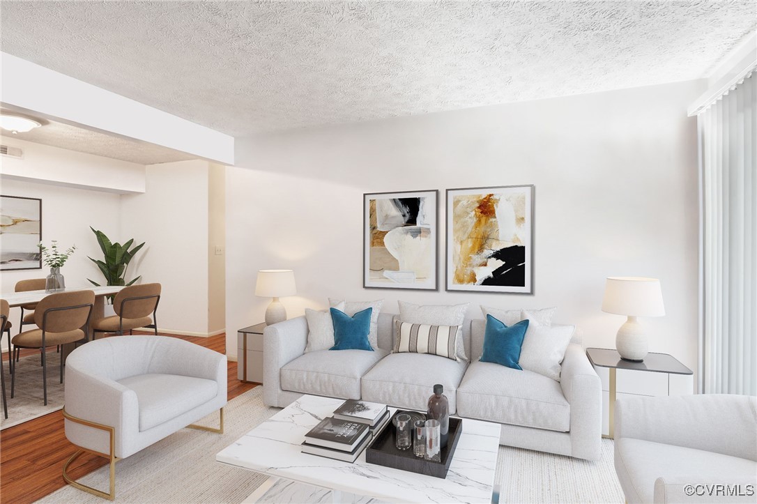 a living room with furniture a rug and a potted plant