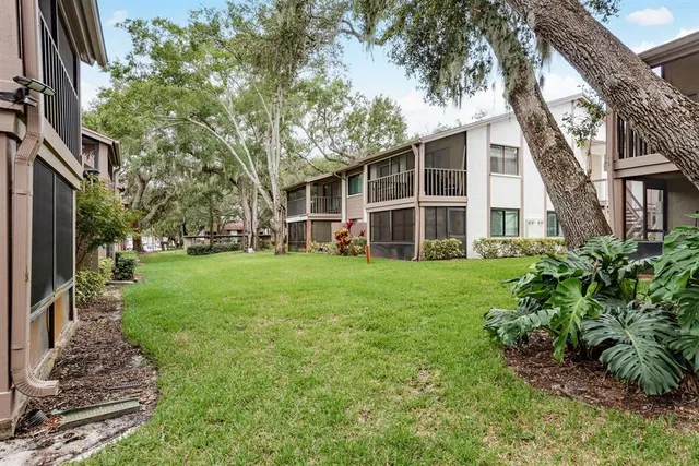 a view of a house with backyard and a tree
