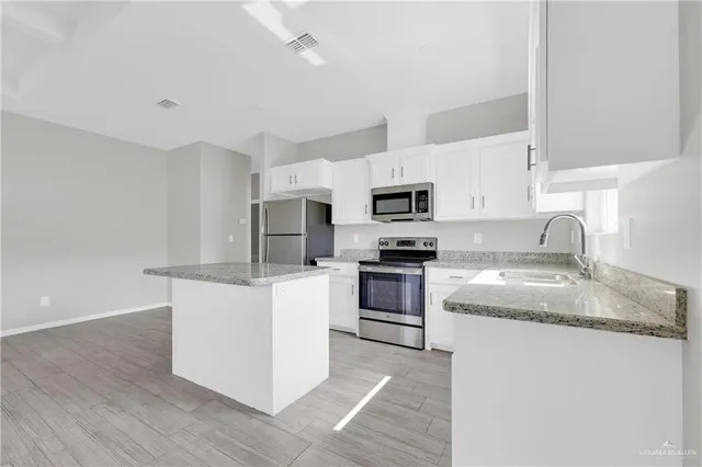 a kitchen with granite countertop a sink a counter top space stainless steel appliances and cabinets