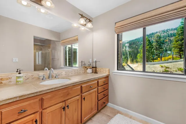 a bathroom with a sink a vanity and a large mirror