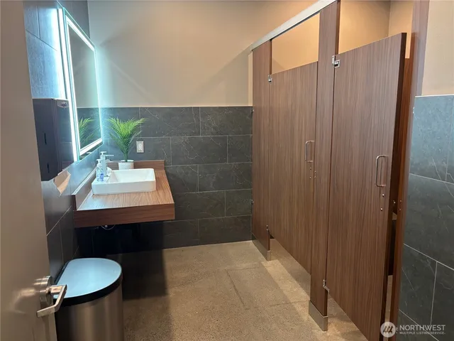 a bathroom with a sink a toilet and mirror