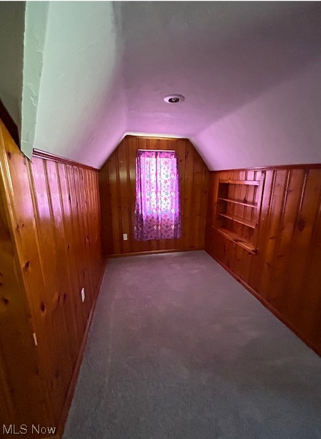 1287 Churchill Road Lyndhurst, OH 44124 - Photo 20 of 27 Additional living space featuring wood walls, vaulted ceiling, and dark carpet