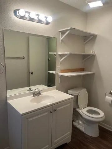 a bathroom with a toilet sink and mirror
