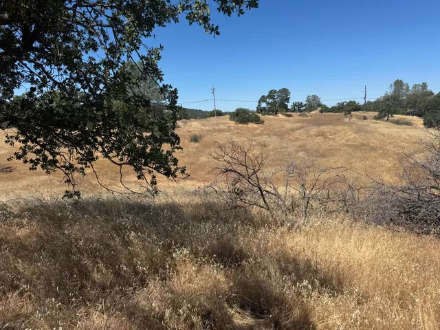 a view of a snow in the distance in between two of trees