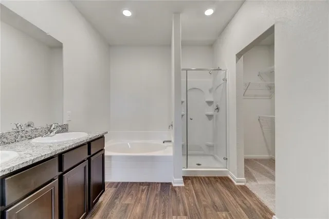 a bathroom with a tub shower vanity and a sink