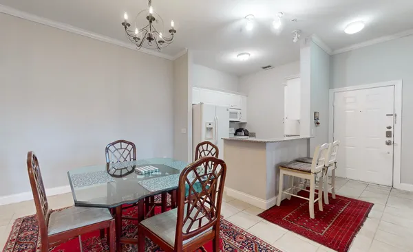 a view of a dining room with furniture