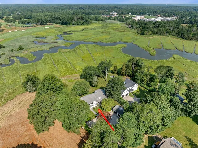 an aerial view of a house with a yard and large trees