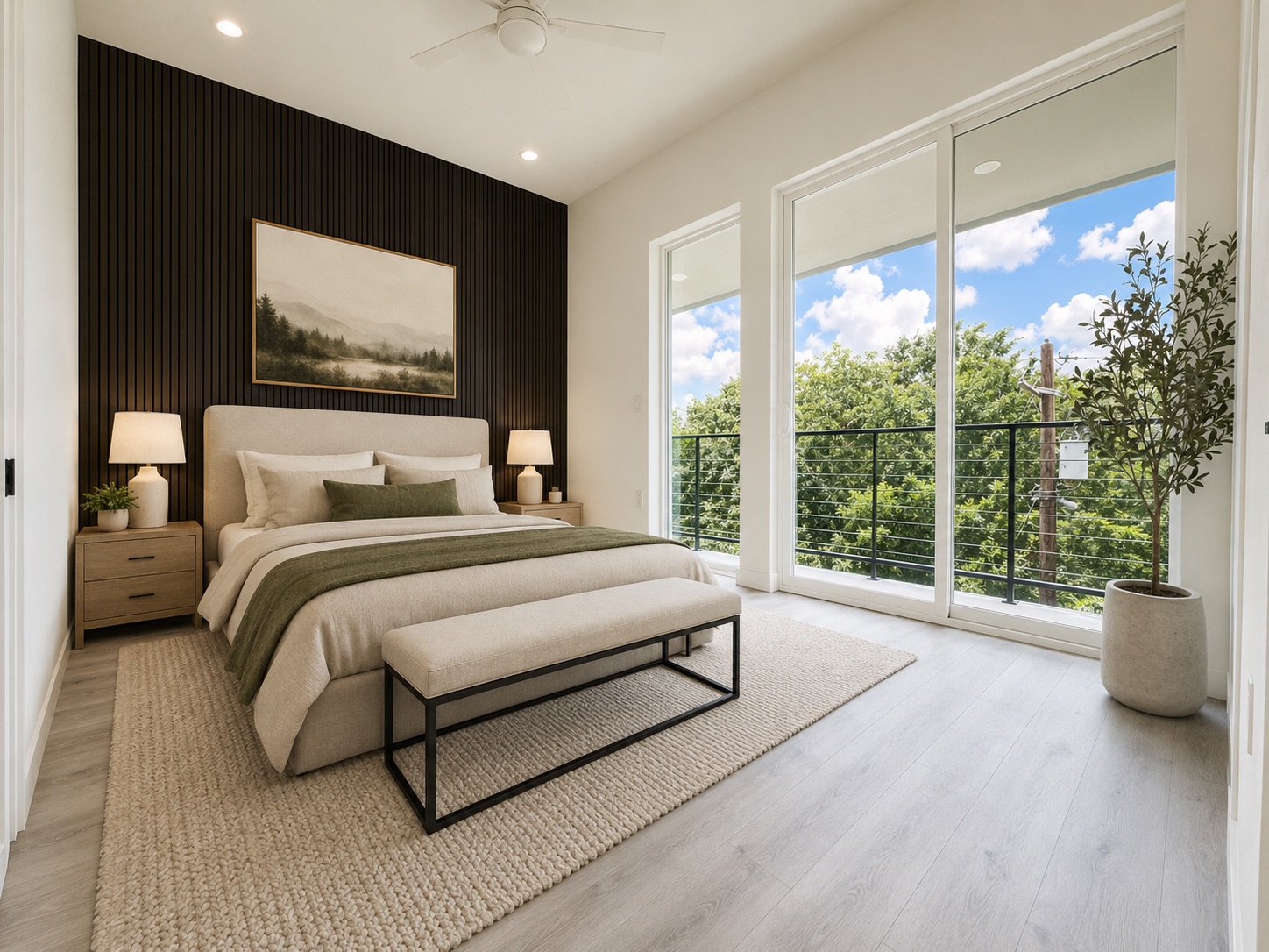 2000 Riverside Farms Road, Unit 6102 Austin, TX 78741 - Photo 5 of 11 Natural light floods this primary bedroom, featuring a private balcony and recessed lighting.