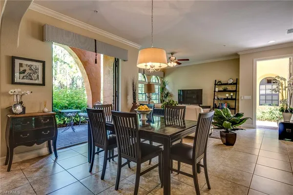 a view of a dining room with furniture window and outside view