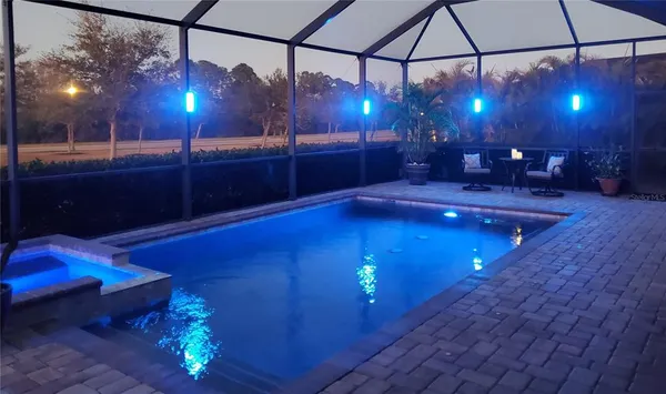 a view of a swimming pool with a yard
