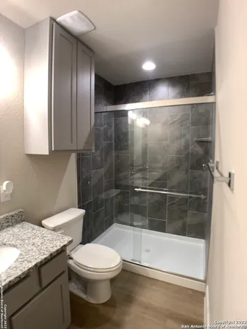 a bathroom with a granite countertop sink a toilet and shower