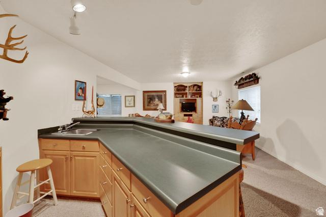 7740 Keswick Road Sandy, UT 84093 - Photo 44 of 74 Built-in bar featuring a stainless steel sink, light wood cabinetry, and a dark countertop